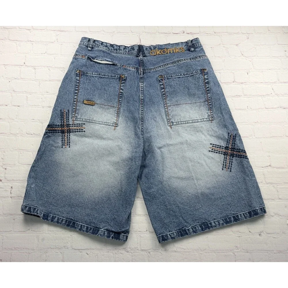 Akademiks Baggy Jean Shorts Vintage Y2K Blue Denim Embroidered Mens 38 Hip Hop